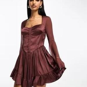 Red Bustier mixed satin and chiffon mini skater dress in plum